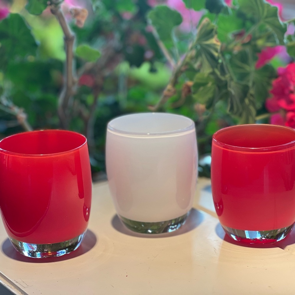 3 red white glassybaby votives with tags